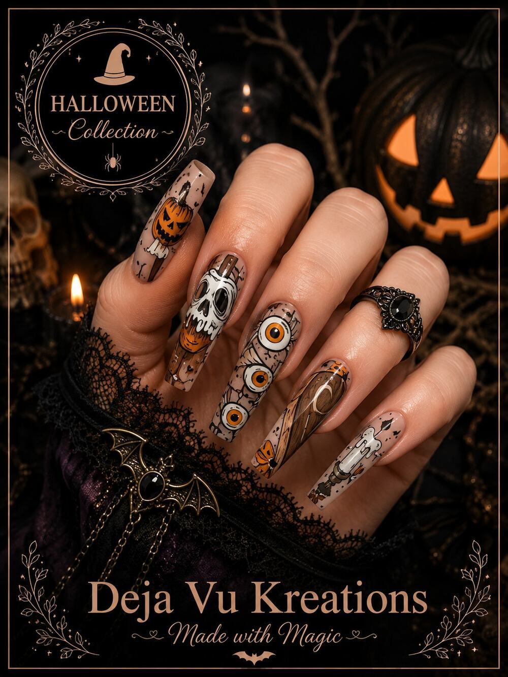 24 Piece Halloween Pumpkin Skull Long Coffin Nails